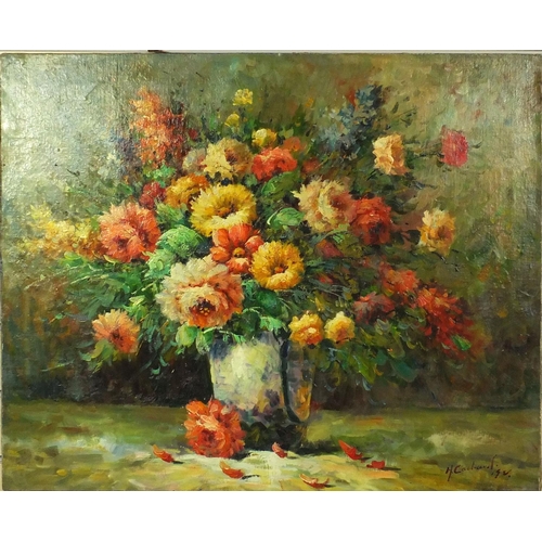 143 - Unframed French impressionist  oil onto canvas of still life flowers in a vase, bearing a signature ... 