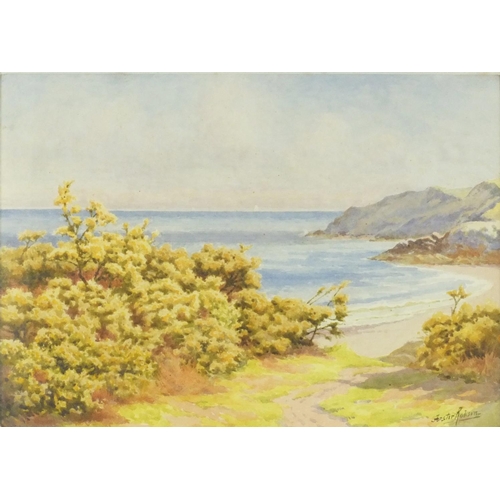 147 - Forster Robson - Blue and gold, Kennack Cornwall, watercolour, label verso, mounted and framed, 34cm... 