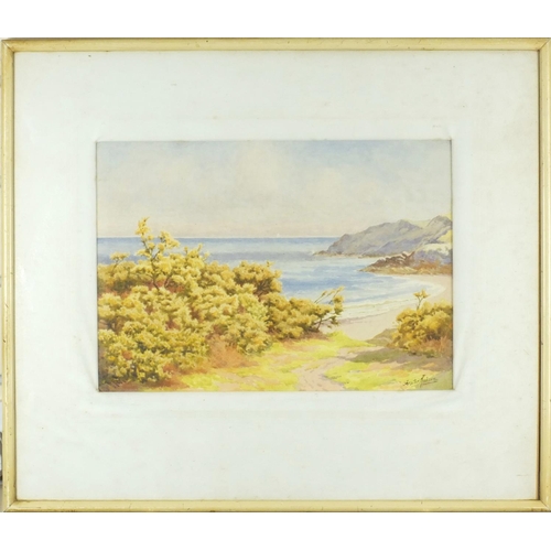 147 - Forster Robson - Blue and gold, Kennack Cornwall, watercolour, label verso, mounted and framed, 34cm... 