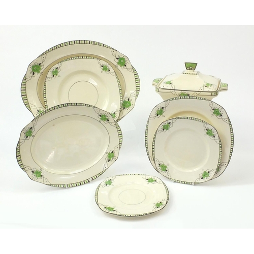 155 - Art Deco Biarritz pattern dinnerware comprising lidded tureen, plates and platters, each with factor... 