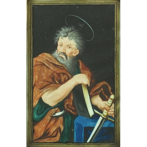 167 - Mixed media onto paper, Paul the Apostle, ornately gilt framed, 11cm x 6.5cm excluding the frame