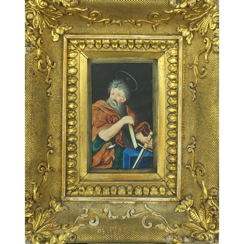 167 - Mixed media onto paper, Paul the Apostle, ornately gilt framed, 11cm x 6.5cm excluding the frame