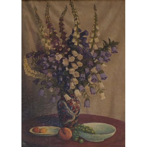 174 - Oil onto canvas, still life, fruit and flowers in a vase, bearing a signature H Davis Richter, inscr... 