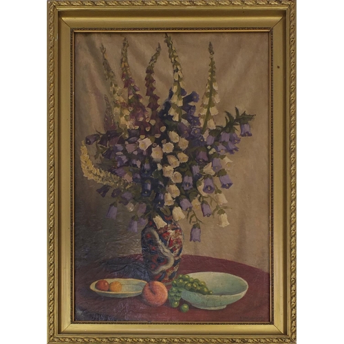 174 - Oil onto canvas, still life, fruit and flowers in a vase, bearing a signature H Davis Richter, inscr... 