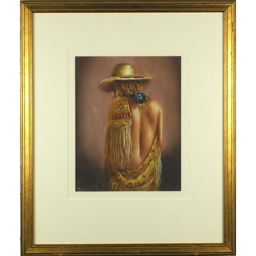 379 - Rodrigo - Back portrait, semi nude female, pastel, label verso, mounted and gilt framed, 25cm x 20cm... 