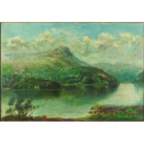 400 - Roy Mansen - Oil onto canvas, lake before mountain landscape, framed, 39cm x 27cm excluding the fram... 