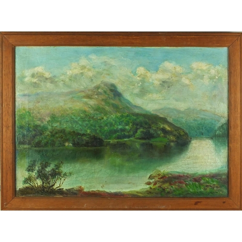 400 - Roy Mansen - Oil onto canvas, lake before mountain landscape, framed, 39cm x 27cm excluding the fram... 