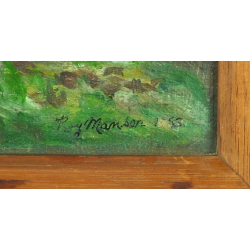 400 - Roy Mansen - Oil onto canvas, lake before mountain landscape, framed, 39cm x 27cm excluding the fram... 