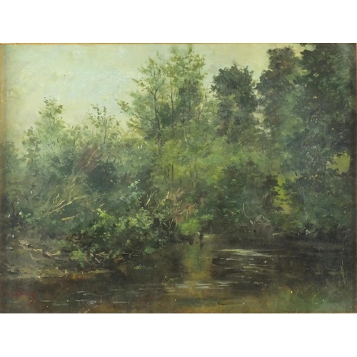 406 - Oil onto canvas, woodlands, bearing an indistinct signature, inscribed and label verso, framed, 29cm... 