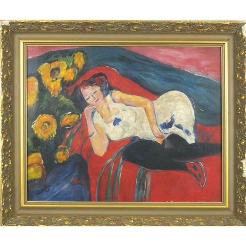 202 - Modern British oil onto canvas, sleeping female, bearing a monogram S, ornately gilt framed, 49cm x ... 