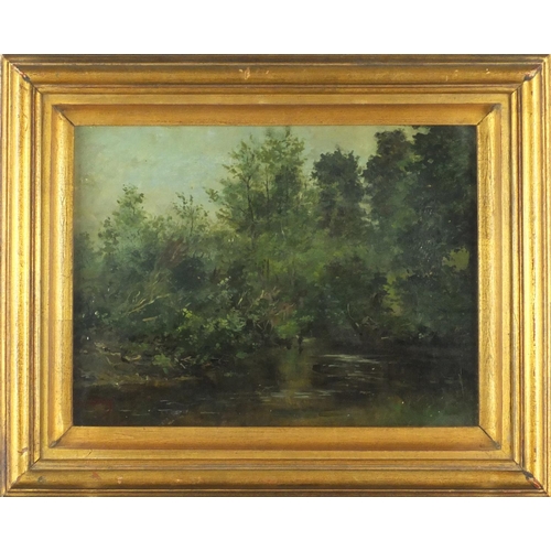 406 - Oil onto canvas, woodlands, bearing an indistinct signature, inscribed and label verso, framed, 29cm... 