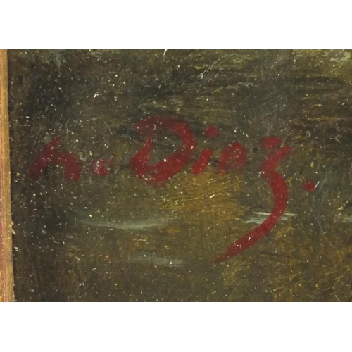 406 - Oil onto canvas, woodlands, bearing an indistinct signature, inscribed and label verso, framed, 29cm... 