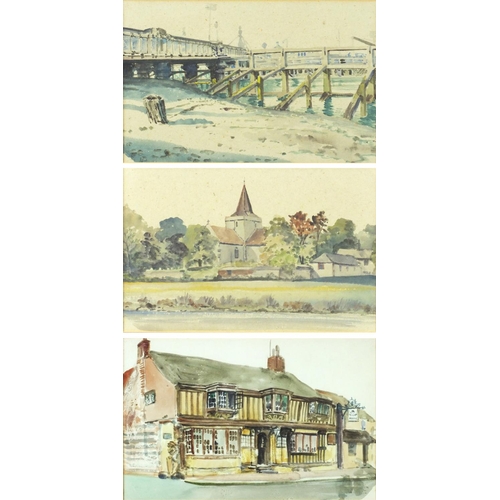 407 - Karl Wood - Three local interest watercolours comprising Newhaven Harbour Bridge, Alfriston Star pub... 