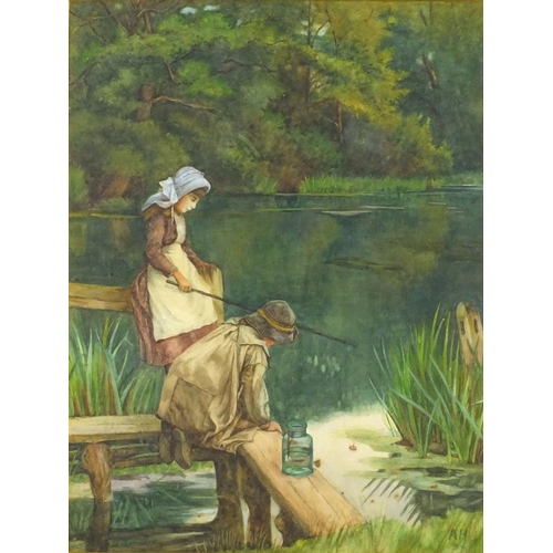 203 - Watercolour onto card, two young figures fishing, bearing a monogram AH, mounted and ornately gilt f... 