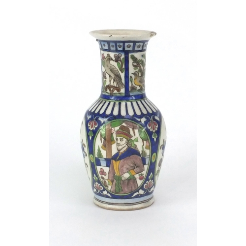 412 - Iznik pottery vase hand painted with panels of figures, animals and flowers within a foliate boarder... 