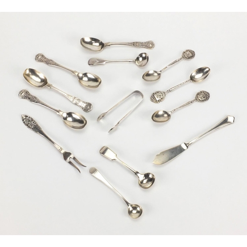 269 - Silver flatware comprising set of four teaspoons, set of three teaspoons, Georgian mustard spoon, su... 