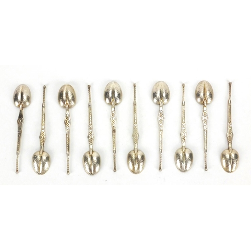 273 - Set of ten unmarked silver teaspoons, 12cm long, approximate weight 113.0g