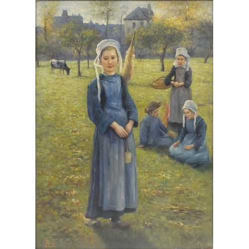 282 - Dutch school oil onto board, children in a field, bearing a monogram GC, ornately framed, 100cm x 74... 