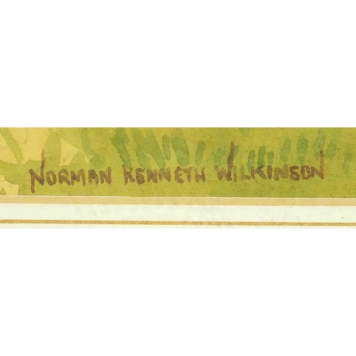 448 - Norman Kenneth Wilkinson - Watercolour, figure with his dog beside an out building, mounted and fram... 