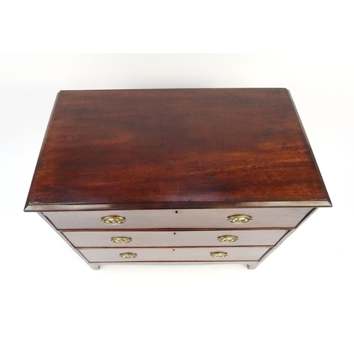 70 - Inlaid mahogany three drawer chest with bracket feet, 82cm high x 84cm wide x 46cm deep