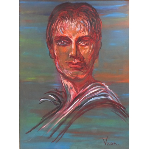 145 - Andrew Vicari - Oil onto canvas, portrait, Laurence Olivier, label verso, mounted and framed, 129cm ... 