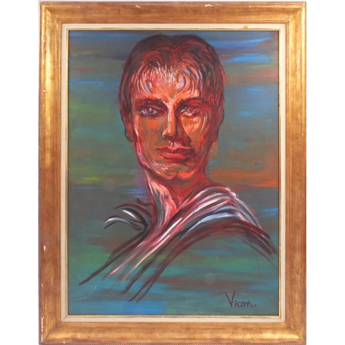 145 - Andrew Vicari - Oil onto canvas, portrait, Laurence Olivier, label verso, mounted and framed, 129cm ... 