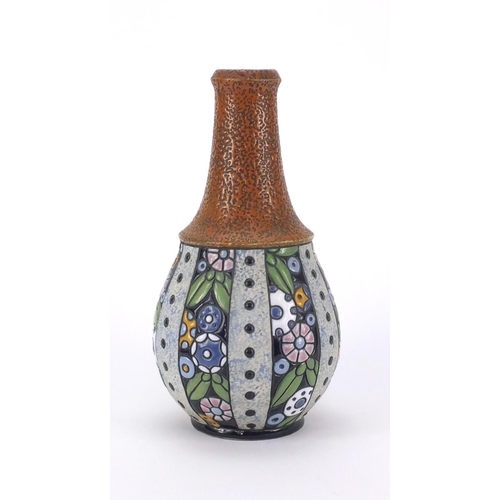 163 - Art Nouveau Amphora vase, hand painted with panels of stylised flowers, factory marks and numbered 1... 