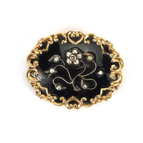 250 - Three vintage brooches comprising a large gilt metal black enamel and seed pearl example, the others... 