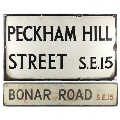 201 - Vintage Peckham Hill enamelled street sign together with a Bonar Road street sign, the largest 114cm... 