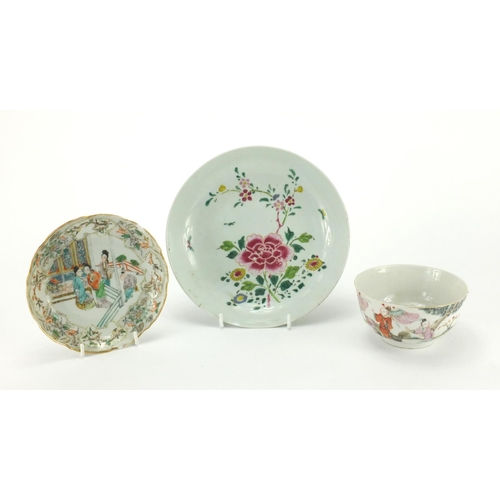 240 - Chinese porcelain including a shallow dish hand painted with butterflies and flowers, saucer hand pa... 