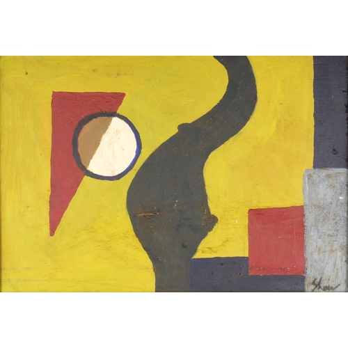 761 - Abstract composition, oil onto board, bearing a signature Shaw, label and inscription Charles Shaw 1... 