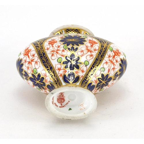 454 - Royal Crown Derby twin handled vase and cover hand painted with Imari pattern, factory marks to the ... 