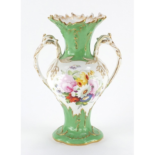 459 - 19th century Staffordshire twin handled porcelain vase, hand painted and gilded with flowers onto a ... 