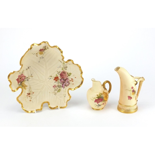 456 - Royal Worcester blush ivory leaf shaped dish, ewer and jug, all hand painted with flowers, numbers 1... 