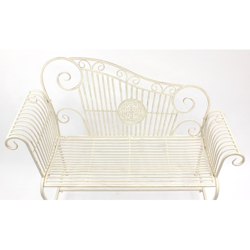 40A - Wrought iron garden bench with scroll arms, 99cm H x 130cm W x 50cm D