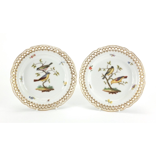 436 - Pair 19th century Berlin porcelain cabinet plates with pierced boarders, both hand painted with bird... 
