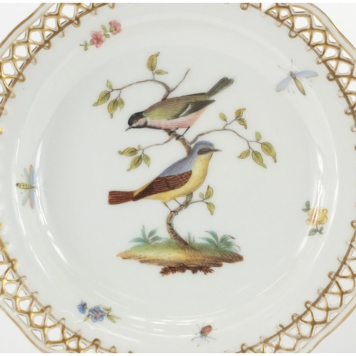 436 - Pair 19th century Berlin porcelain cabinet plates with pierced boarders, both hand painted with bird... 