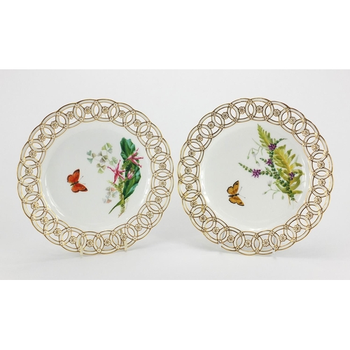 458 - Pair of 19th century Minton's porcelain cabinet plates with pierced floral boarders, each hand paint... 
