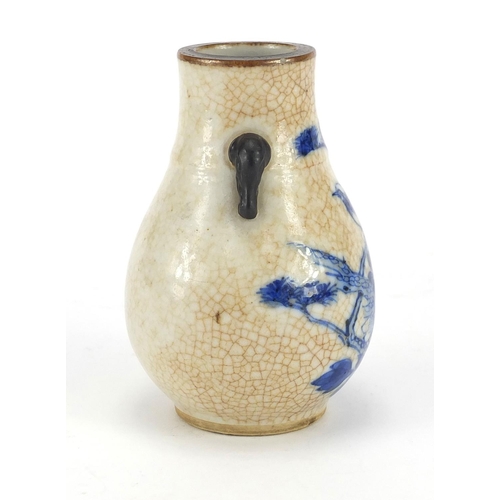 268 - Chinese crackle glaze vase with elephant head handles, hand painted with bird on a branch, 10.5cm hi... 