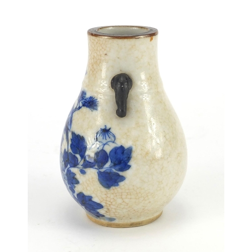 268 - Chinese crackle glaze vase with elephant head handles, hand painted with bird on a branch, 10.5cm hi... 