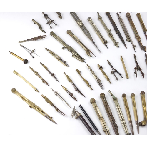 66 - Collection of antique and later mostly brass drawing instruments including, various makers