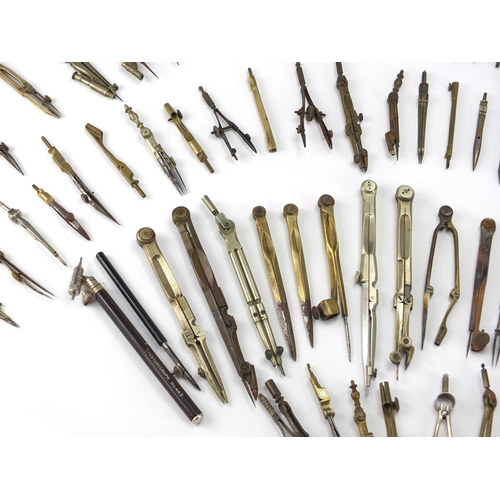 66 - Collection of antique and later mostly brass drawing instruments including, various makers