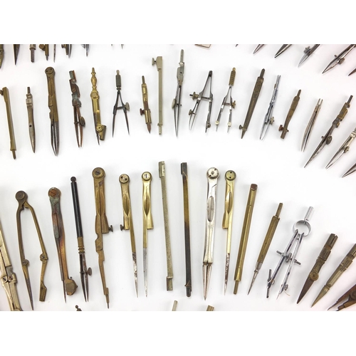 66 - Collection of antique and later mostly brass drawing instruments including, various makers