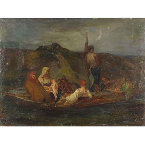 768 - Figures in a boat, 18th century oil onto canvas, unframed, 61cm x 45cm