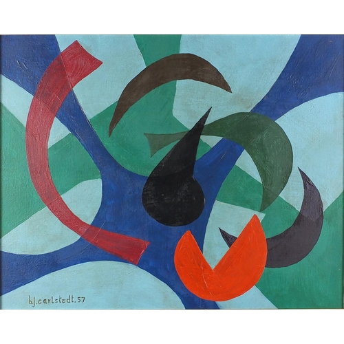 733 - Abstract composition, coloured shapes, oil onto canvas, bearing a signature B J Carlstedt 57, mounte... 