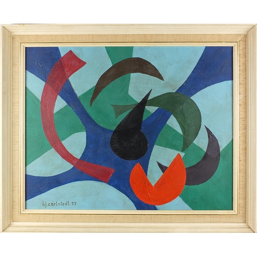 733 - Abstract composition, coloured shapes, oil onto canvas, bearing a signature B J Carlstedt 57, mounte... 