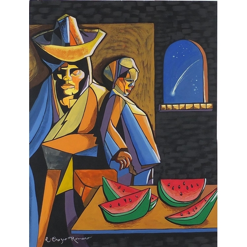 771 - Surreal figures and watermelon, watercolour and gouache, bearing a signature L Onozio Romero, mounte... 