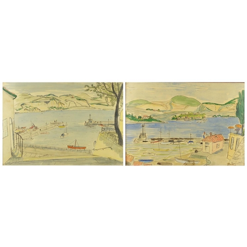 764 - John Paddy Carstairs - Continental harbours, pair of ink and watercolours, one framed, each 37cm x 2... 