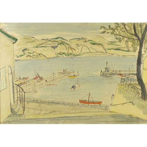 764 - John Paddy Carstairs - Continental harbours, pair of ink and watercolours, one framed, each 37cm x 2... 