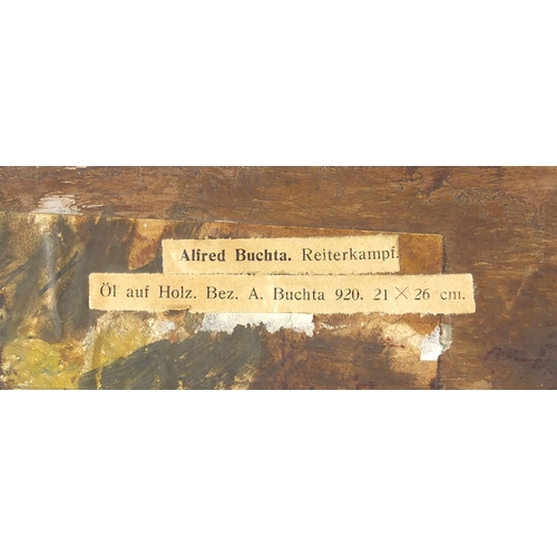 765 - Alfred Buchta 1920 - Reiterkampf, oil onto board, labels verso, framed, 24cm x 18.5cm
